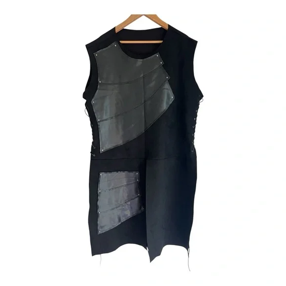 Goth tunic dress  long black corset sides size 3L pop over studded warrior - Picture 9 of 14